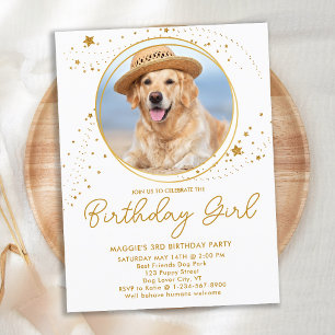 Gold Stars Personalised Pet Photo Dog Birthday  Invitation Postcard