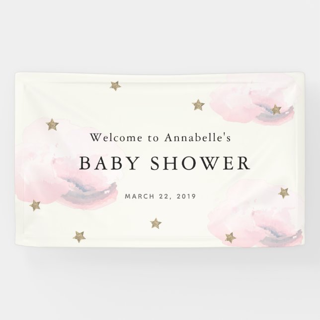 Gold Stars & Pink Clouds Baby Shower Banner (Horizontal)