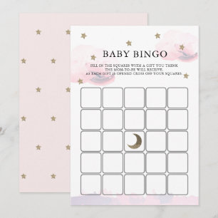 Gold Stars Pink Clouds Baby Shower Bingo Game Card