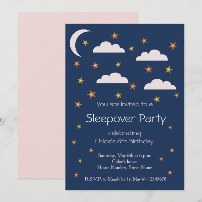 Gold Stars Pink Clouds Birthday Sleepover Party Invitation (Front/Back)