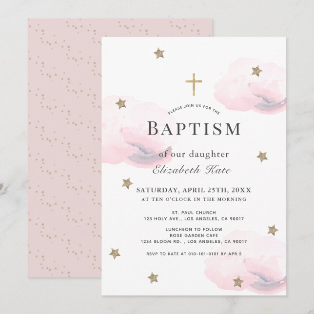 Gold Stars & Pink Clouds Girl Baptism Invitation (Front/Back)