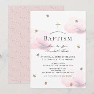 Gold Stars & Pink Clouds Girl Baptism Invitation