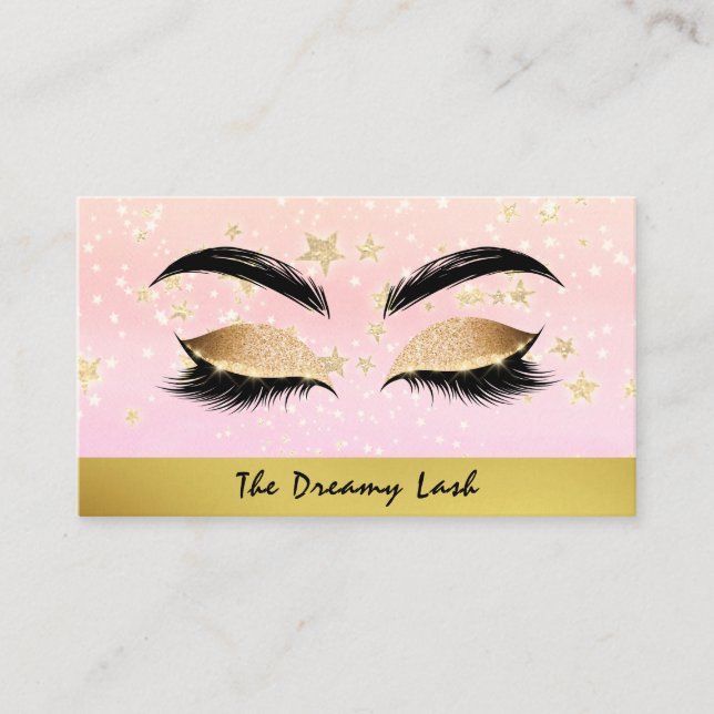 *~* Gold Stars PINK Lashes Brows Extensions Chic Business Card (Front)