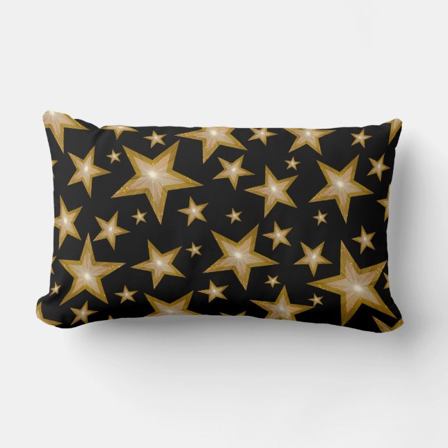 "Gold" Stars printed throw pillow lumbar black (Front)