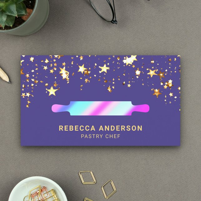 Gold Stars Purple Rolling Pin Pastry Chef Bakery Business Card (Creator Uploaded)