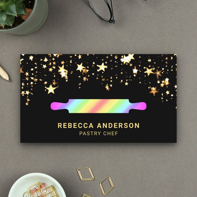 Gold Stars Rainbow Rolling Pin Pastry Chef Bakery Business Card (Creator Uploaded)