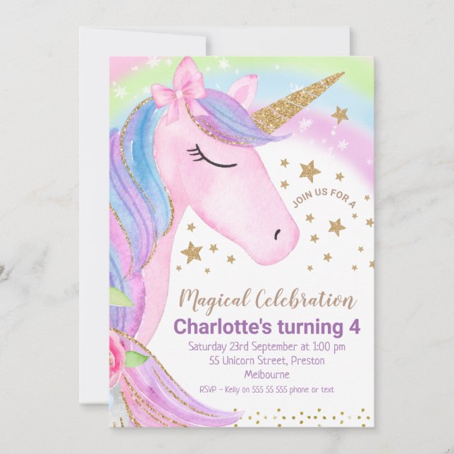 Gold Stars Rainbow Unicorn Birthday Invitation (Front)