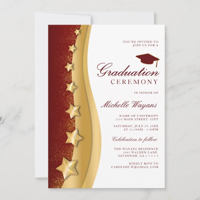 Gold Stars Red Graduation Ceremony & Party Invitation (Front)