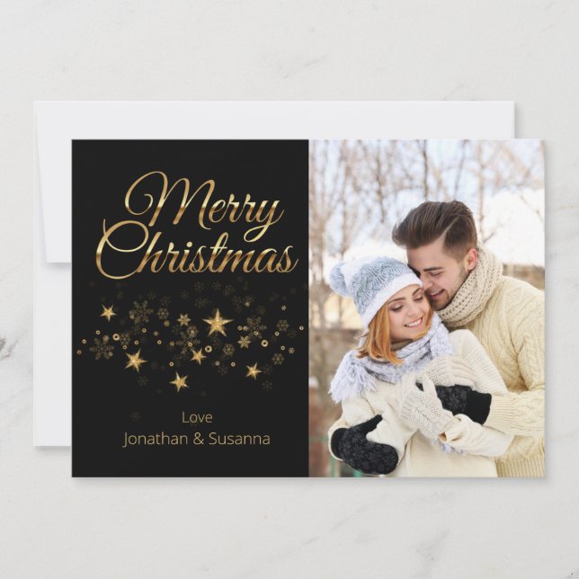 Gold Stars Script Merry Christmas Photo Holiday Card (Front)