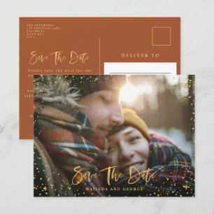 Gold stars script photo modern wedding announcement postcard