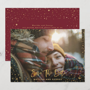 Gold stars script photo modern wedding save the da date
