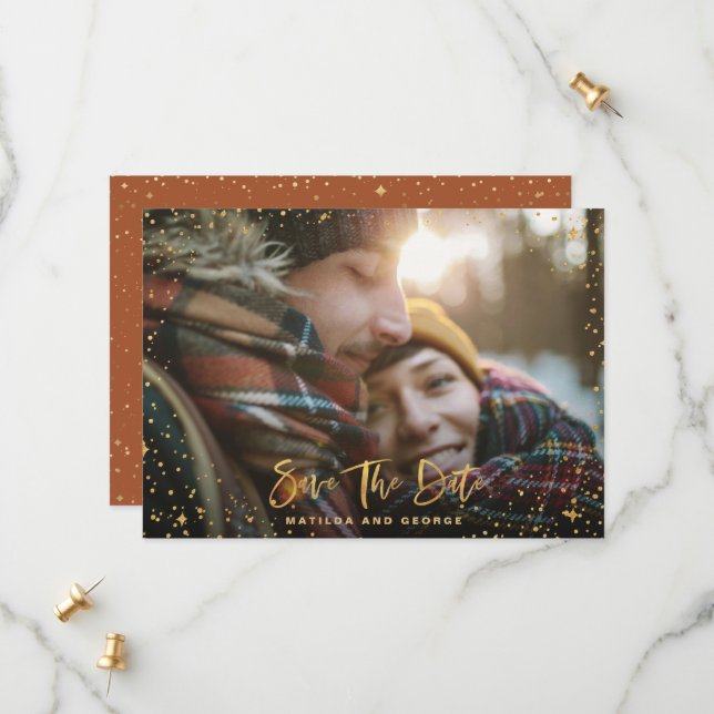 Gold stars script photo modern wedding save the date (Front/Back In Situ)