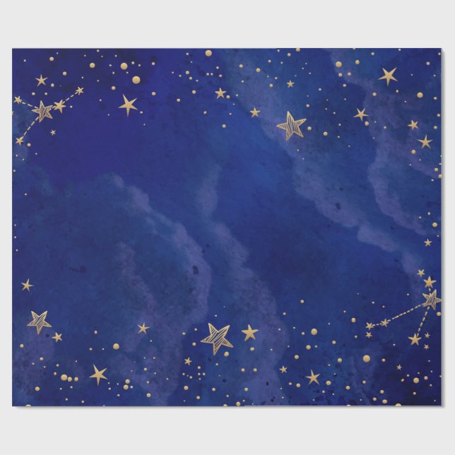 Gold Stars,Sky,Navy Blue, Holiday Wrapping Paper (Flat)