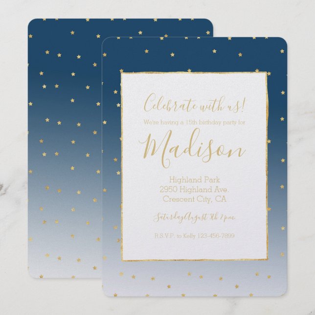 Gold Stars Sky Shine Ombre Birthday Invitation (Front/Back)