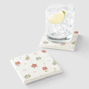 Gold Stars Snowflakes Red Cream Christmas Stone Coaster