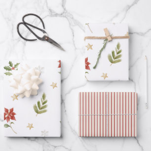 Gold Stars Snowflakes Red Cream Stripes Christmas Wrapping Paper Sheet