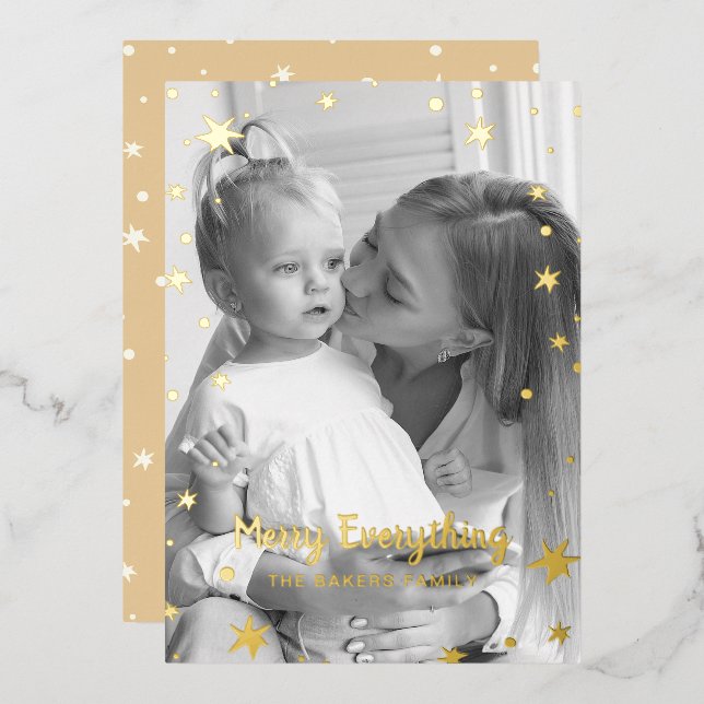 Gold Stars Sparkle Christmas Photo  Foil Holiday Card (Front/Back)