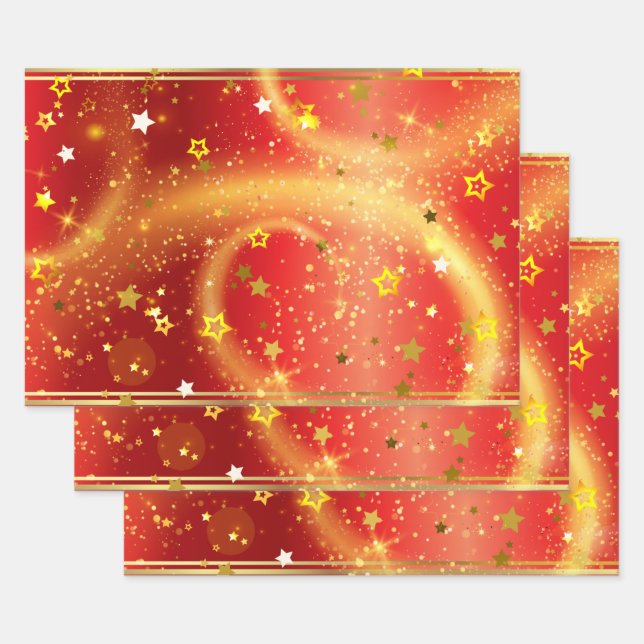 Gold Stars Sparkles and Light on Red Wrapping Paper Sheet (Set)