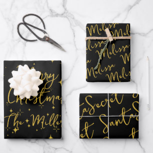 Gold Stars & Sparkles Personalised Black Wrapping Paper Sheet