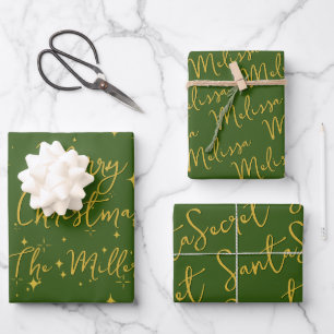 Gold Stars & Sparkles Personalised Green Wrapping Paper Sheet