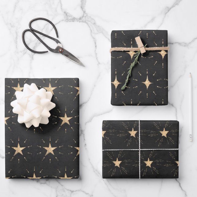 Gold Stars & Stardust On Black Wrapping Paper Sheet (Front)