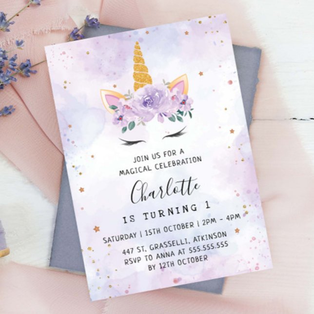 Gold Stars Teal Purple Unicorn Birthday Invitation (Creator Uploaded)