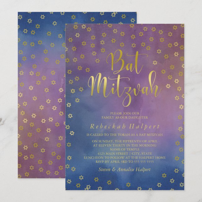 Gold Stars Watercolor Bat Mitzvah Invitation (Front/Back)