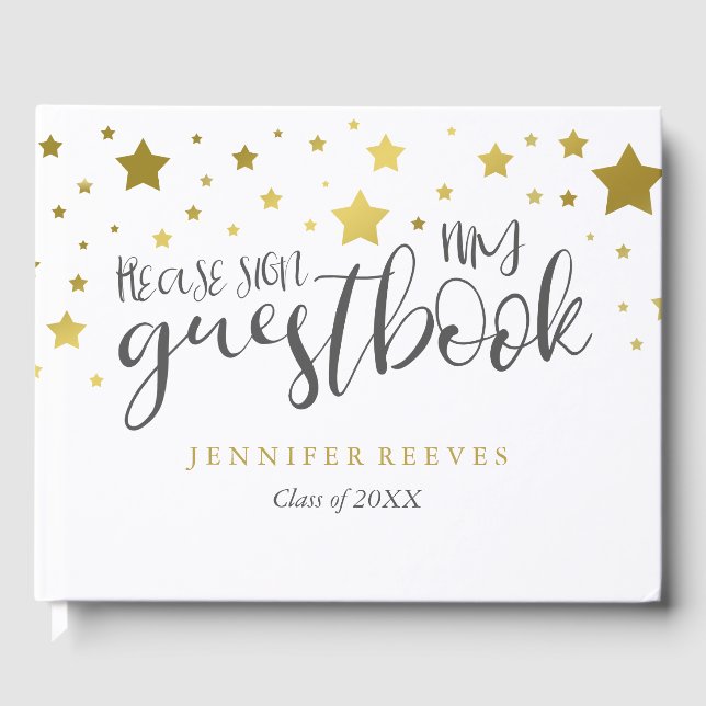 Gold Stars & White Graduation Guest Book (Front)