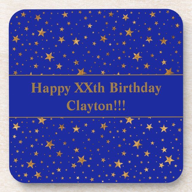Gold Stars With Message On Blue Birthday Coaster (Front)
