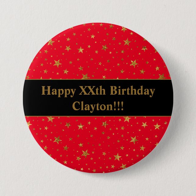 Gold Stars With Message On Red Birthday Button (Front)