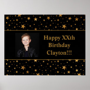 Gold Stars With Message Photo On Black Birthday Poster