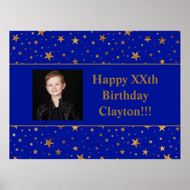 Gold Stars With Message Photo On Blue Birthday Poster (Front)