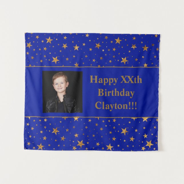 Gold Stars With Message Photo On Blue Birthday Tapestry (Front (Horizontal))