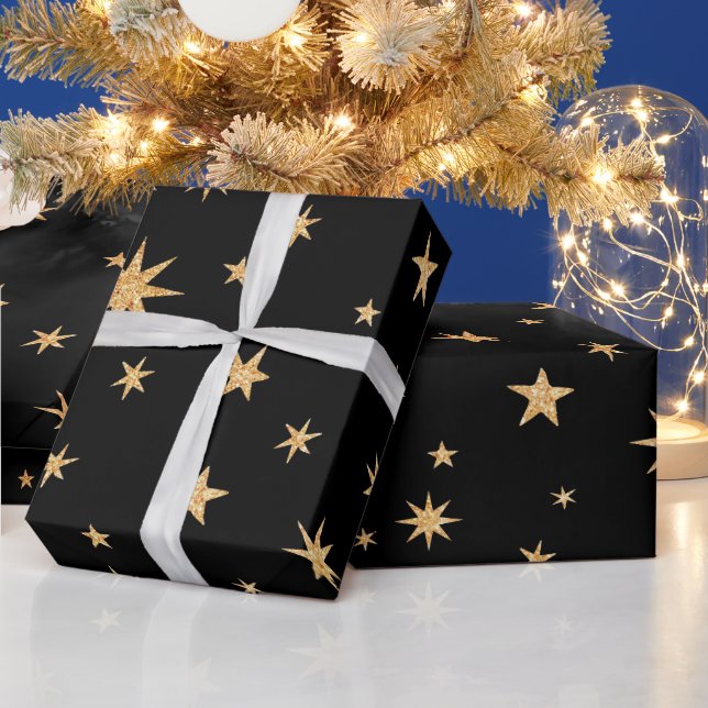 Gold Stars Wrapping Paper - Black Background (Holidays)