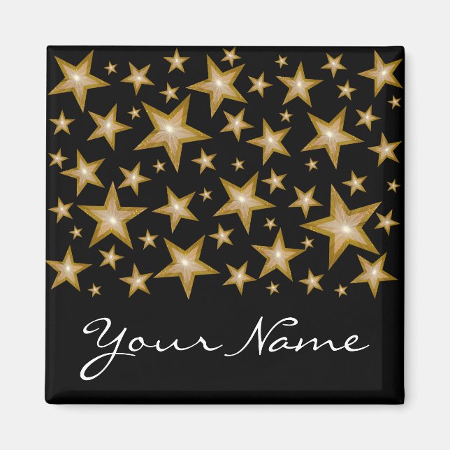 Gold Stars 'Your Name' fridge magnet square black (Front)