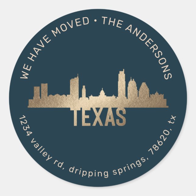 gold state proud texas moving announcement classic round sticker (Front)