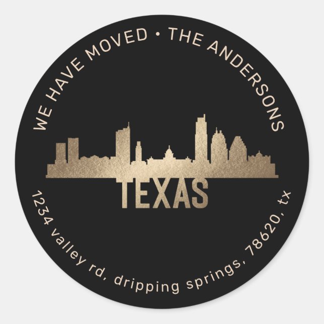 gold state proud texas moving announcement classic round sticker (Front)