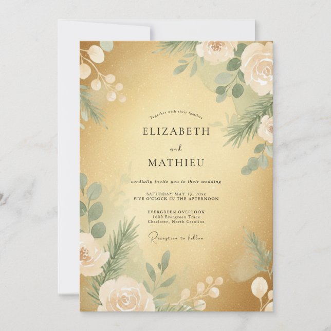 Gold Stately Winter Floral Wedding Invitation (Front)