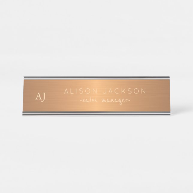 Gold steel copper metallic business name monogram desk name plate (Front)