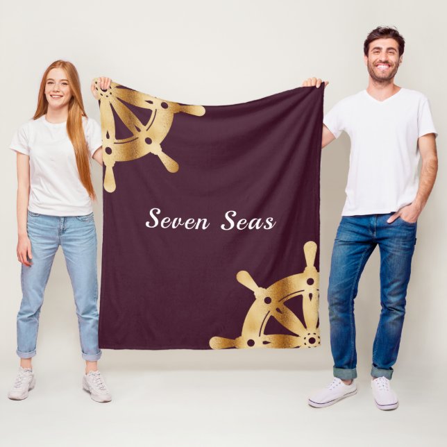 Gold steering wheels yacht boat burgundy name fleece blanket (In Situ)