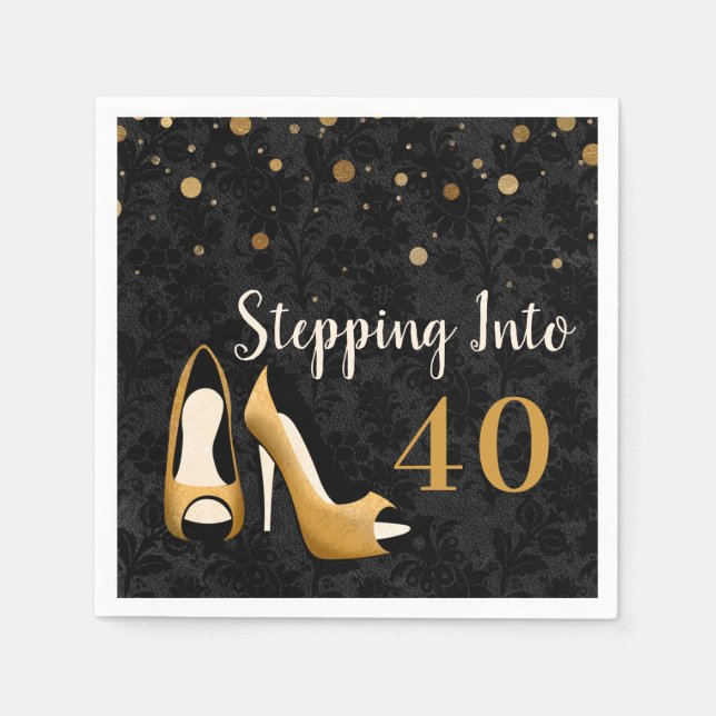Gold Stepping into 40 Woman's Birthday Party Napkin (Front)