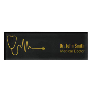 Gold Stethoscope ECG Wave EKG Line Luxury Medical Name Tag