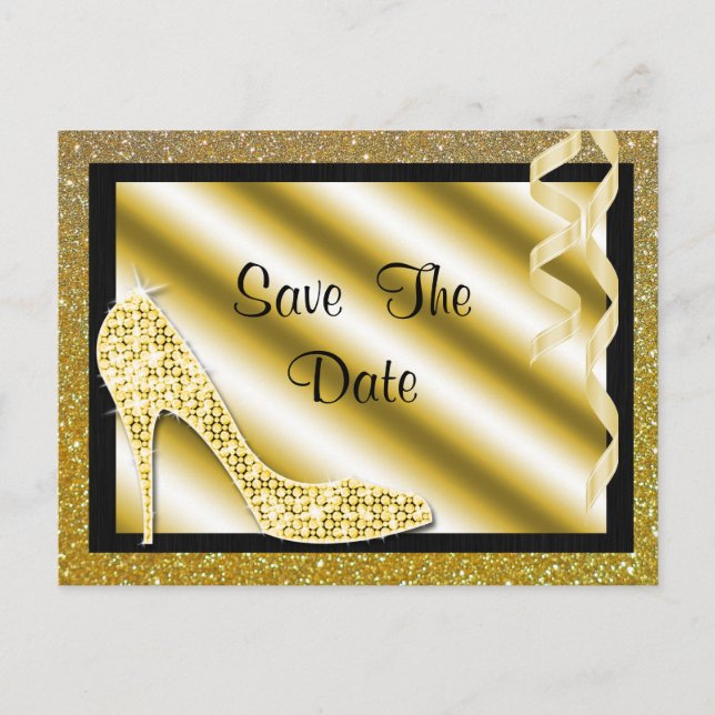 Gold Stiletto & Streamers 70th Save The Date Announcement Postcard (Front)