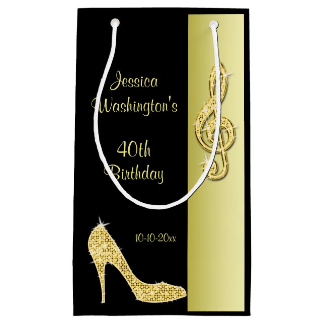 Gold Stiletto & Treble Cleft 40th Birthday Party Small Gift Bag (Front)
