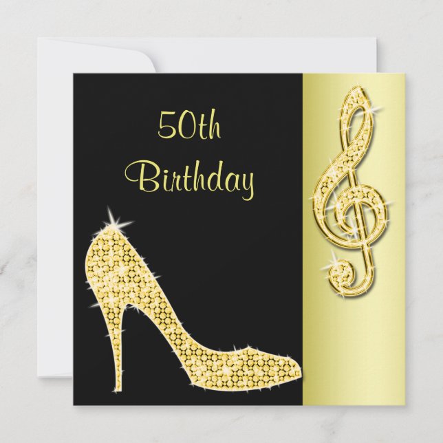 Gold Stiletto & Treble Cleft 50th Birthday Invitation (Front)
