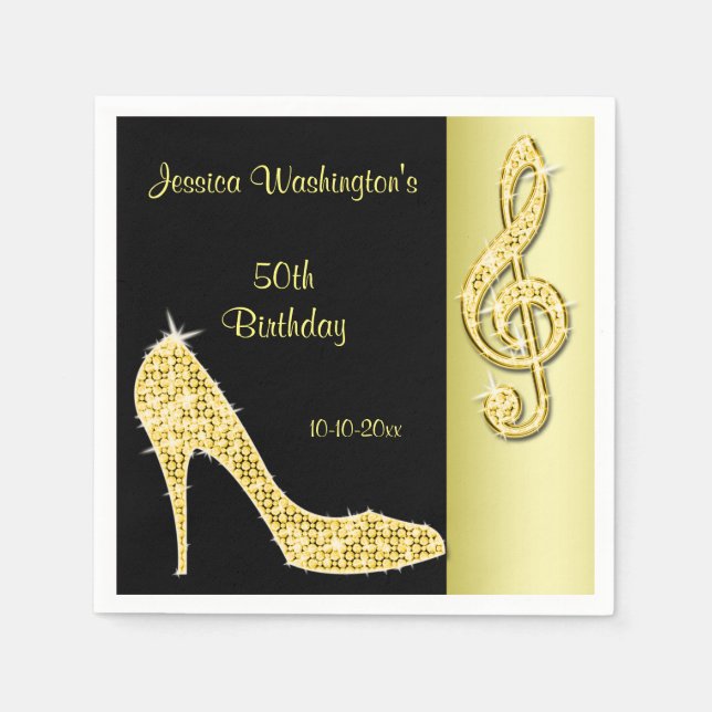 Gold Stiletto & Treble Cleft 50th Birthday Napkin (Front)
