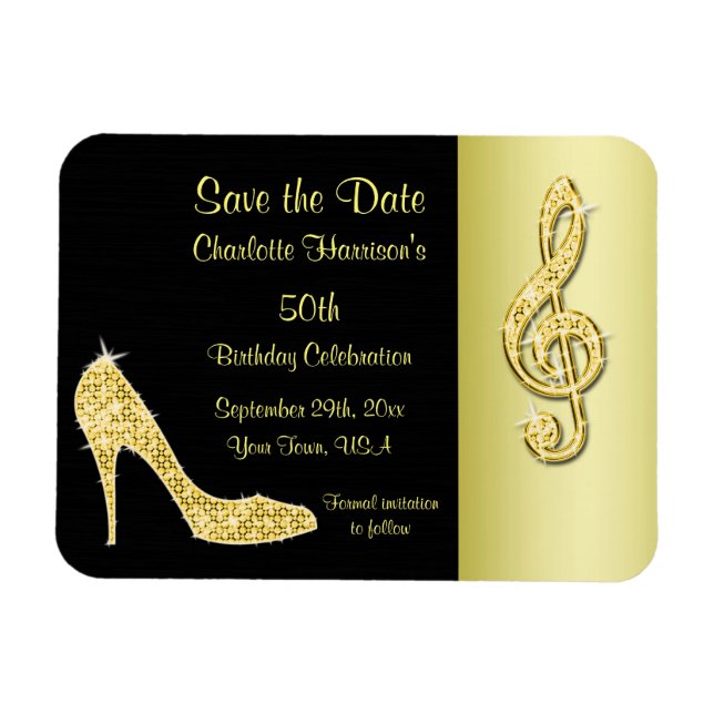Gold Stiletto & Treble Cleft 50th Save The Date Magnet (Horizontal)