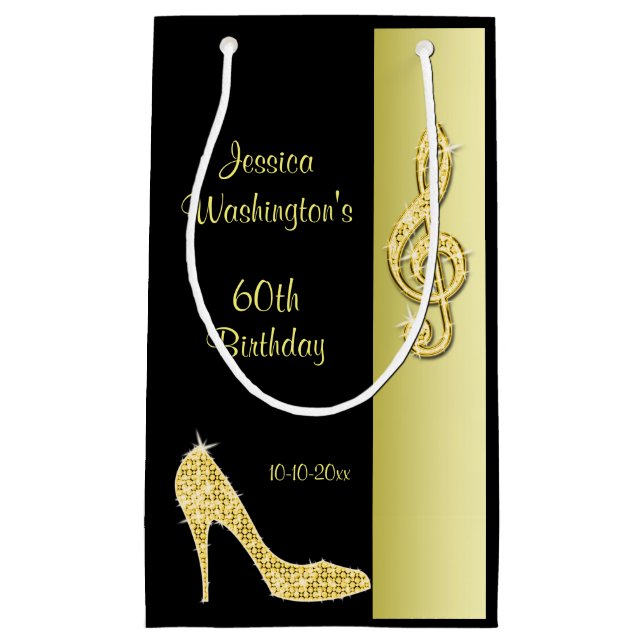 Gold Stiletto & Treble Cleft 60th Birthday Party Small Gift Bag (Front)