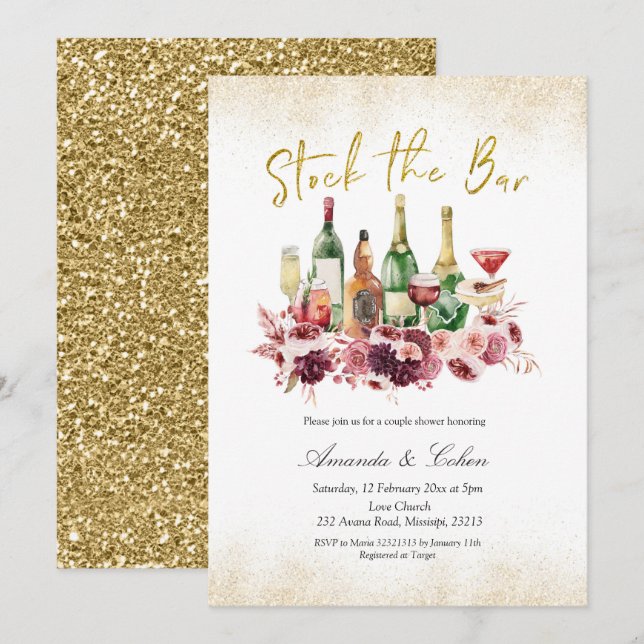 Gold Stock the Bar Couple Shower Invitation (Front/Back)