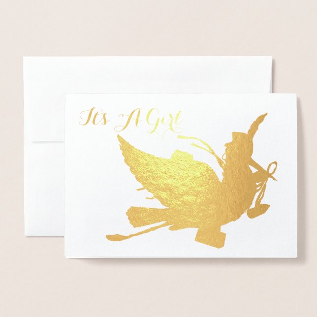 GOLD STORK GIRL BABY SHOWER FOIL CARD (Front With Envelope)